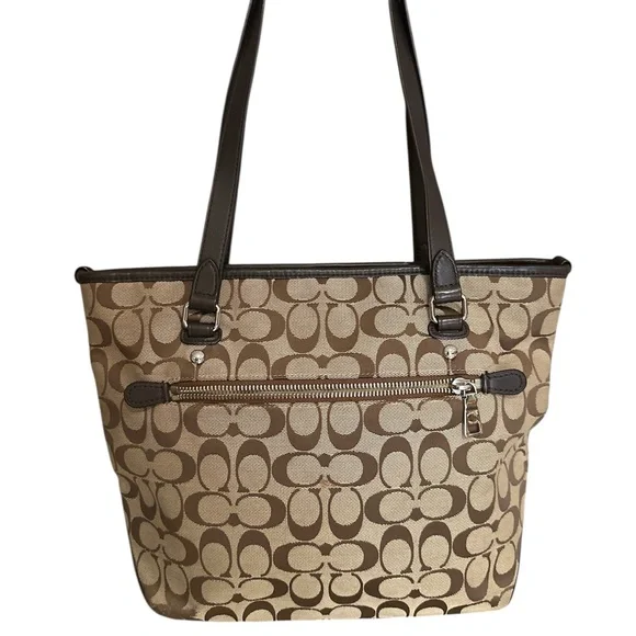 COACH Signature Tote Bag Shoulder Canvas Khaki Beige Dark Brown - Picture 2 of 7